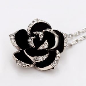 Camellia Rose Necklace Black Enamel Silver Rhinestone Gothic Flower Goth Floral